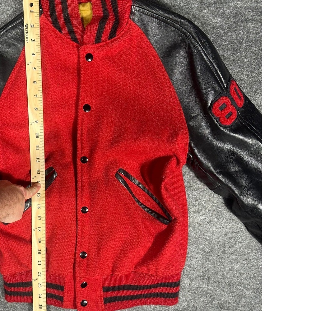 Rare Vintage 80s Kaye Bros Varsity Jacket Red Wool Leather Mens 36 Sikeston - Picture 3 of 16